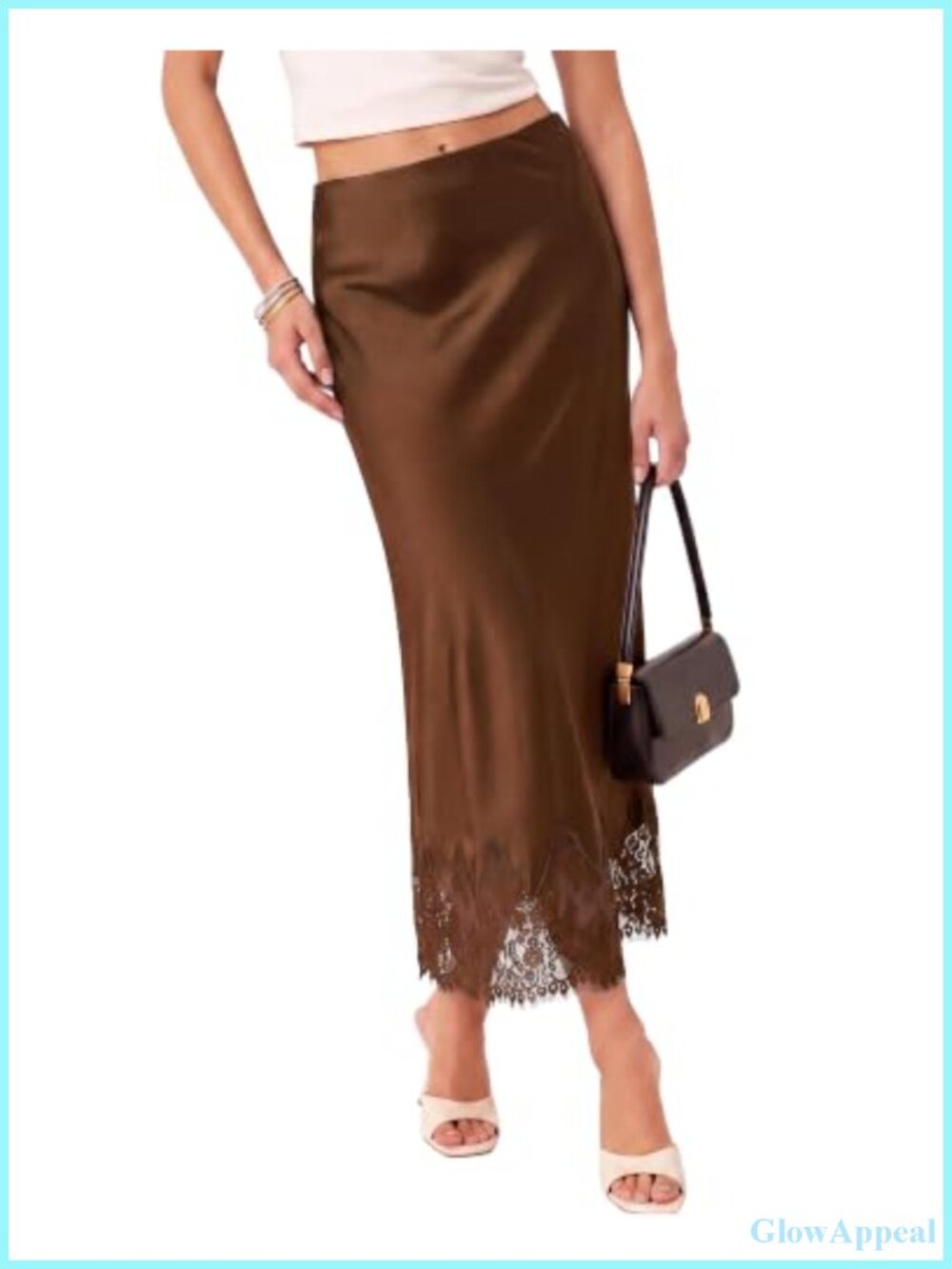 Satin Maxi Skirt Elastic Waist Lace Trim Long Slip Skirt for Women